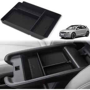 BestEvMod for Ioniq5 مسند الذراع صندوق تخزين وحدة التحكم المركزية علبة تنظيم الملحقات الداخلية مع حافة مطاطية سوداء متوافقة مع ملحقات Hyundai Ioniq 5 2022-2024 (V2)