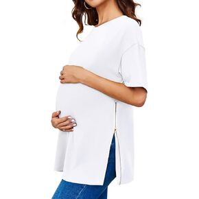Women's Maternity Shirts Short Sleeve Sweatshirt Zipper Split Side Pregnancy Casual Tunic Top in Kuwait