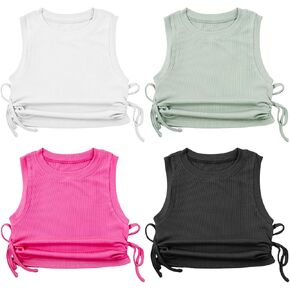 4 قطع من القمصان اللطيفة للفتيات من عمر 10 إلى 12 عامًا، قمصان قصيرة جانبية بعقدة مكشكشة ورقبة دائرية بدون أكمام، قمصان قصيرة لزي الحفلات الموسيقية in Kuwait