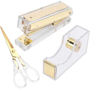 Stapler and Tape Dispenser Kit Acrylic Desk Organize Accessories Scissors Clear Tape Dispenser Gold Stapler Office Supplies