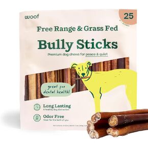 WOOF Bully Sticks Dog Treats - Chew Sticks for Dogs - Long-Lasting Dog Chew Treats - Dog Products Made with Free-Range, Grass-Fed Beef - 6" Sticks - 5pk
