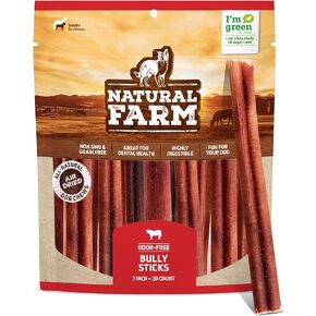 Natural Farm Odor-Free Bully Sticks, 7-Inch Long, 20 Count Bag, 100% Beef Pizzle Chew Treats for Medium & Large Dogs Dogs
