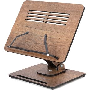 Book Stand for Reading 360° Adjustable, Wooden Laptop Stand, Cookbooks Holder, Music Scores, Featuring Multi-Height Angles and Foldable Design with Page Clips.