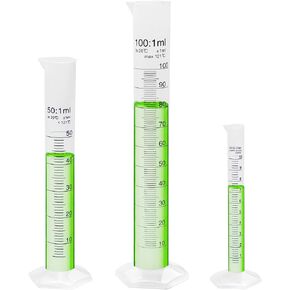 Plastic Graduated Measuring Cylinder Set, 3 Sizes 10ml 50ml and 100ml, PP Material with Hexagonal Base and Blue Printed Graduation, 4099.0015.1. in Kuwait