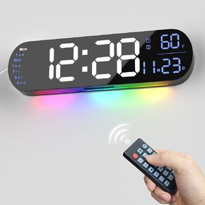 hansang Large Digital Wall Clock with Remote Control 13.7’’, Auto Brightness, 9 RGB Ambient Light, Dual Alarm Clock&Timer, 12/24H Mode, Temperature for Bedroom, Wall Decor Gift for Elder, Black