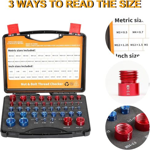 Nut and Bolt Thread Gauge Set - 44 PCS Checkers in Case for Tricky Areas, 23 Inch & 21 Metric Sizes, Suitable for Inspecting Fixed Bolts or Threaded Holes in Saudi Arabia