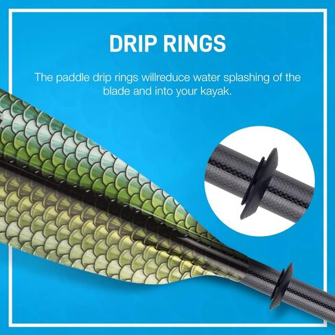 مجداف كاياك من الألياف الزجاجية للرياضات المائية للبالغين - مثالي للتجول وصيد الأسماك وركوب القوارب - 90.5 بوصة / 230 سم قابل للتعديل مع عمود من ألياف الكربون - معدات التجديف بمجاديف الكاياك in Kuwait