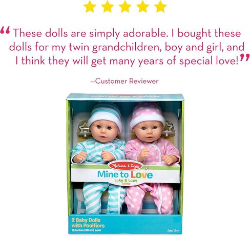 Melissa & Doug Mine to Love Twins Luke & Lucy 15" Light Skin-Tone Boy and Girl Baby Dolls with Rompers, Caps, Pacifiers - Twin Baby Dolls, First Baby Dolls For Toddlers 18 Months And Up in Saudi Arabia