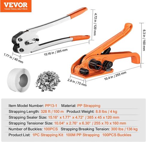 طقم ربط النطاقات VEVOR مع أداة شد الربط، بطول 100 قدم 304 شريط من الفولاذ المقاوم للصدأ، 100 ختم معدني، طقم ربط شريط التغليف البليت، شريط تغليف التغليف للتغليف in Kuwait