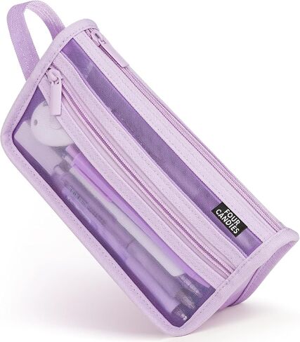 Four Candies Grid Mesh Pencil Case with Handle and Zipper, Clear Double-layer Pencil Pouch Marker Pouch, Travel Makeup Bag, Cute Transparent Stationary Organizer Pen Bag for Adult Office College in Saudi Arabia