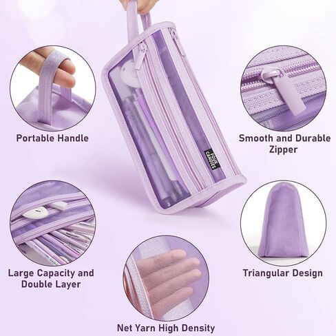 Four Candies Grid Mesh Pencil Case with Handle and Zipper, Clear Double-layer Pencil Pouch Marker Pouch, Travel Makeup Bag, Cute Transparent Stationary Organizer Pen Bag for Adult Office College in Saudi Arabia