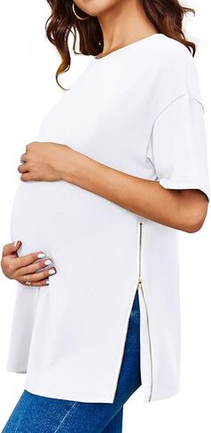 Women's Maternity Shirts Short Sleeve Sweatshirt Zipper Split Side Pregnancy Casual Tunic Top in Kuwait