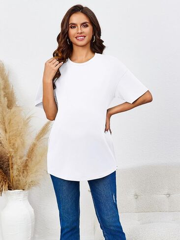 Women's Maternity Shirts Short Sleeve Sweatshirt Zipper Split Side Pregnancy Casual Tunic Top in Kuwait