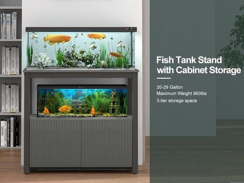 BEWISHOME 20-29 جالون حوض للأسماك حامل إطار معدني حوض السمك مع خزانة لتخزين الملحقات، مناسب للسلاحف والزواحف وخزان مرابي الحيوانات، سعة 960 رطل رمادي KYG02H in Kuwait