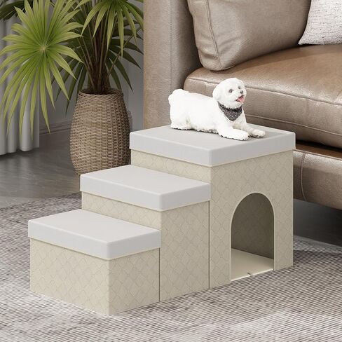 Dog Steps for High Bed or Couch, 3 Steps Foldable Dog Stairs with Storagegou, Non-Slip Fabric Pet Stairs for Small Medium Large Dogs, Cats, Pets, Indoor, Doghouse, Beige in Saudi Arabia