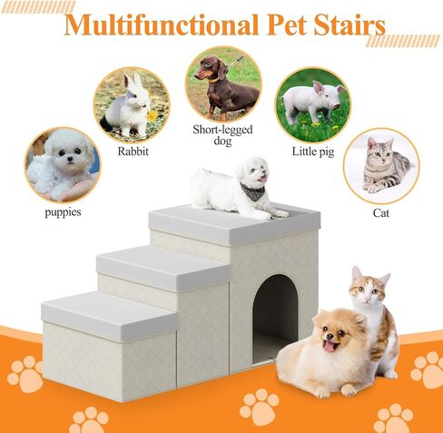 Dog Steps for High Bed or Couch, 3 Steps Foldable Dog Stairs with Storagegou, Non-Slip Fabric Pet Stairs for Small Medium Large Dogs, Cats, Pets, Indoor, Doghouse, Beige in Saudi Arabia