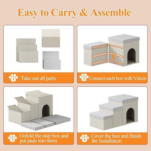 Dog Steps for High Bed or Couch, 3 Steps Foldable Dog Stairs with Storagegou, Non-Slip Fabric Pet Stairs for Small Medium Large Dogs, Cats, Pets, Indoor, Doghouse, Beige in Saudi Arabia
