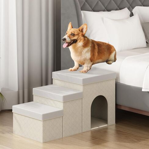 Dog Steps for High Bed or Couch, 3 Steps Foldable Dog Stairs with Storagegou, Non-Slip Fabric Pet Stairs for Small Medium Large Dogs, Cats, Pets, Indoor, Doghouse, Beige in Saudi Arabia