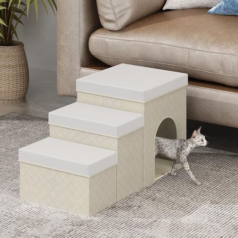 Dog Steps for High Bed or Couch, 3 Steps Foldable Dog Stairs with Storagegou, Non-Slip Fabric Pet Stairs for Small Medium Large Dogs, Cats, Pets, Indoor, Doghouse, Beige in Saudi Arabia
