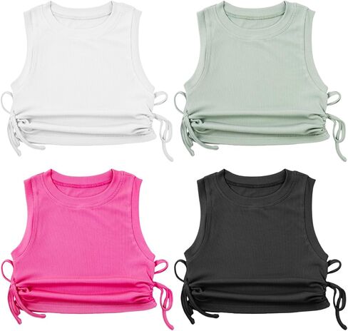 4 قطع من القمصان اللطيفة للفتيات من عمر 10 إلى 12 عامًا، قمصان قصيرة جانبية بعقدة مكشكشة ورقبة دائرية بدون أكمام، قمصان قصيرة لزي الحفلات الموسيقية in Kuwait