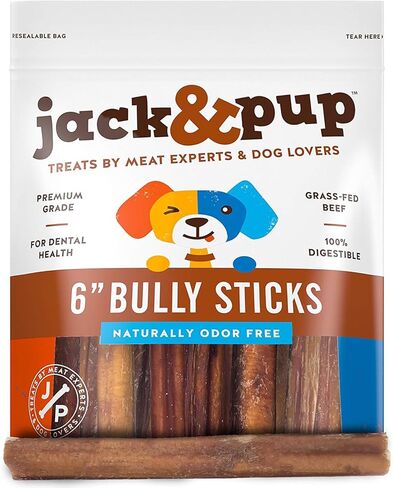 مكافآت الكلاب من Jack&Pup خالية من الروائح الكريهة مقاس 6 بوصات [حجم سميك] - مضغ علاجات الذواقة الطبيعية بالكامل بطول 6 بوصات - نكهة لحم البقر الطازجة والمالحة - (6 عبوات) in Kuwait