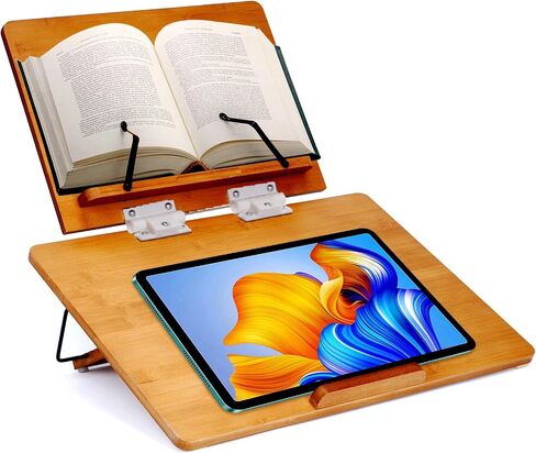 MYOYAY Large Bamboo Book Stand for Reading Double Layer Foldable Desktop Book Holder with Page Clips Adjustable Desktop Document Holder for Home Office Writing Drawing 19.69" x 14.17" 6 Levels in Saudi Arabia