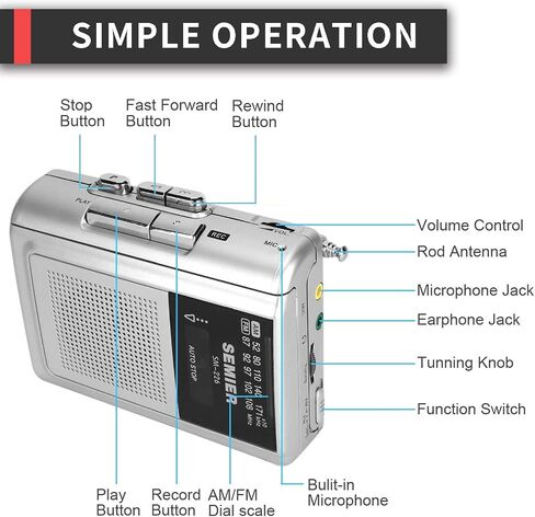 مشغل مسجل كاسيت Walkman عتيق محمول AM FM، مشغل شريط قديم مدمج مع مكبر صوت كبير، مقبس سماعة الأذن، مشبك حزام قابل للإزالة، مدعوم ببطارية DC أو AA للسفر والمنزل in Kuwait