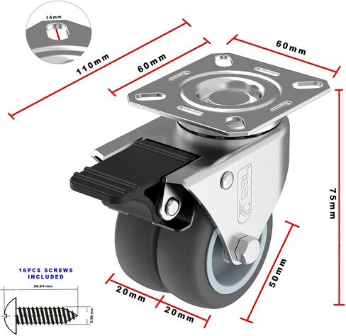 عجلات GBL شديدة التحمل مقاس 2 بوصة مزودة بفرامل + براغي - يصل وزنها إلى 440 رطلًا - مجموعة من 4 عجلات صامتة بدون علامات أرضية للأثاث - عربة مطاطية أو عجلات دوارة بمنصة نقالة - عجلات سوداء in Kuwait