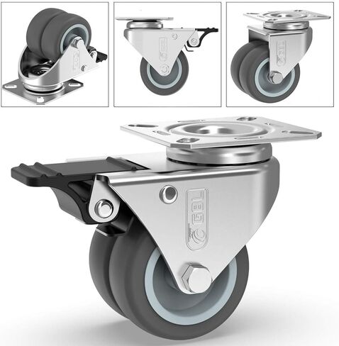 عجلات GBL شديدة التحمل مقاس 2 بوصة مزودة بفرامل + براغي - يصل وزنها إلى 440 رطلًا - مجموعة من 4 عجلات صامتة بدون علامات أرضية للأثاث - عربة مطاطية أو عجلات دوارة بمنصة نقالة - عجلات سوداء in Kuwait