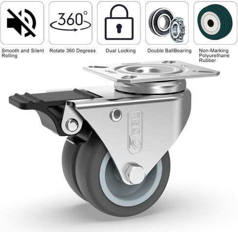 عجلات GBL شديدة التحمل مقاس 2 بوصة مزودة بفرامل + براغي - يصل وزنها إلى 440 رطلًا - مجموعة من 4 عجلات صامتة بدون علامات أرضية للأثاث - عربة مطاطية أو عجلات دوارة بمنصة نقالة - عجلات سوداء in Kuwait