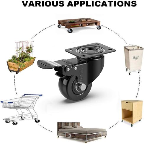 عجلات GBL شديدة التحمل مقاس 2 بوصة مزودة بفرامل + براغي - يصل وزنها إلى 440 رطلًا - مجموعة من 4 عجلات صامتة بدون علامات أرضية للأثاث - عربة مطاطية أو عجلات دوارة بمنصة نقالة - عجلات سوداء in Kuwait