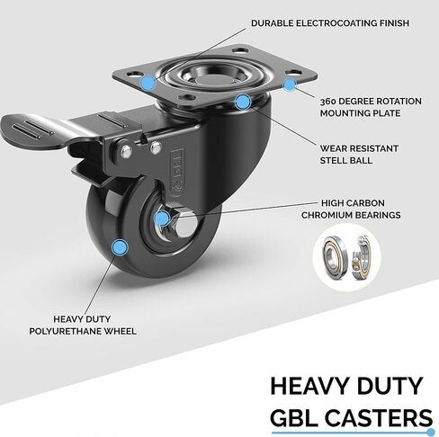عجلات GBL شديدة التحمل مقاس 2 بوصة مزودة بفرامل + براغي - يصل وزنها إلى 440 رطلًا - مجموعة من 4 عجلات صامتة بدون علامات أرضية للأثاث - عربة مطاطية أو عجلات دوارة بمنصة نقالة - عجلات سوداء in Kuwait