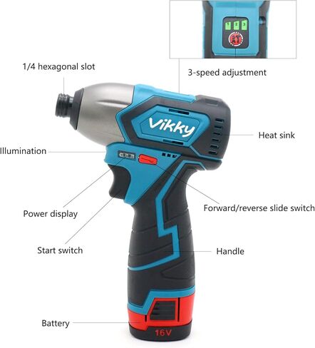 16V 1/4" Hex Impact Screwdriver 2.0Ah cordless 3-speed torque adjustable electric driver with brushless motor providing powerful power. Suitable for DIY and home daily use in Kuwait