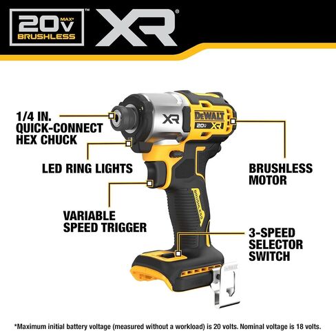 مجموعة أدوات التشغيل اللاسلكية DEWALT 20V MAX* XR، بدون فرشاة، 1/4 بوصة، 3 سرعات، بطاريتان (DCF887D2) in Saudi Arabia