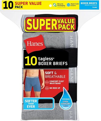Hanes Men's Cool Dri Tagless Boxer Briefs With Comfort Flex Waistband, Multipack, 10 Pack - Marled Black/Gray Assorted , Medium in Saudi Arabia