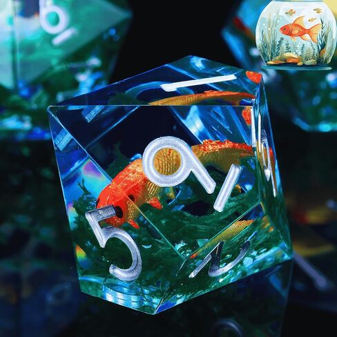 Moss and Koi Fish DND Dice Set - 7Pcs Sharp Edge Resin Polyhedral Game Dice for D&D RPG - Includes D20, D12, D10, D8, D6, D4 - Moss Agate Fish Design(Blue) in Kuwait