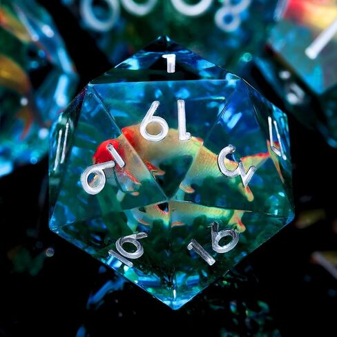 Moss and Koi Fish DND Dice Set - 7Pcs Sharp Edge Resin Polyhedral Game Dice for D&D RPG - Includes D20, D12, D10, D8, D6, D4 - Moss Agate Fish Design(Blue) in Kuwait