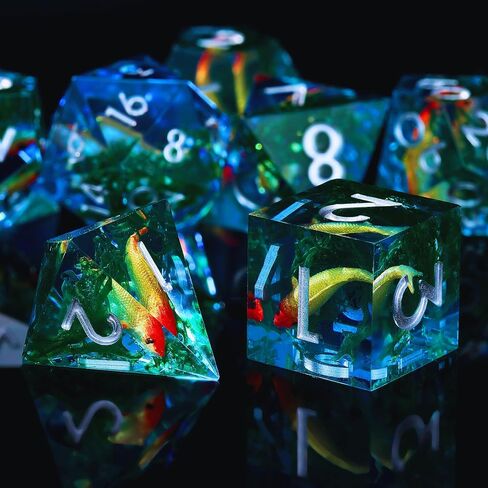 Moss and Koi Fish DND Dice Set - 7Pcs Sharp Edge Resin Polyhedral Game Dice for D&D RPG - Includes D20, D12, D10, D8, D6, D4 - Moss Agate Fish Design(Blue) in Kuwait