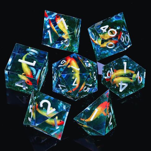 Moss and Koi Fish DND Dice Set - 7Pcs Sharp Edge Resin Polyhedral Game Dice for D&D RPG - Includes D20, D12, D10, D8, D6, D4 - Moss Agate Fish Design(Blue) in Kuwait