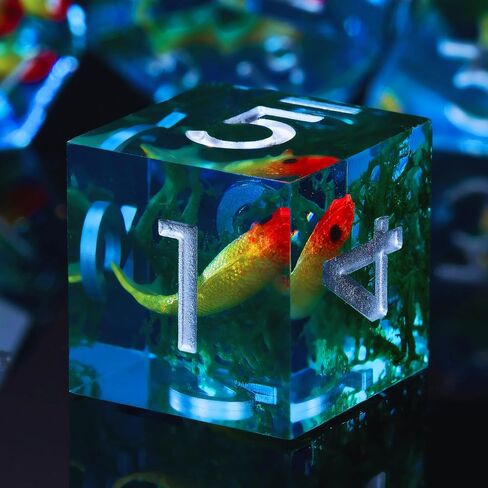 Moss and Koi Fish DND Dice Set - 7Pcs Sharp Edge Resin Polyhedral Game Dice for D&D RPG - Includes D20, D12, D10, D8, D6, D4 - Moss Agate Fish Design(Blue) in Kuwait