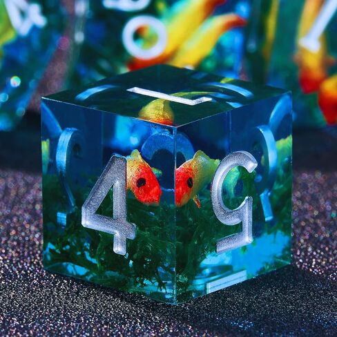 Moss and Koi Fish DND Dice Set - 7Pcs Sharp Edge Resin Polyhedral Game Dice for D&D RPG - Includes D20, D12, D10, D8, D6, D4 - Moss Agate Fish Design(Blue) in Kuwait