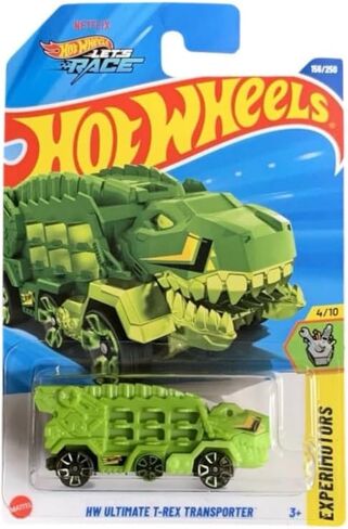العجلات الساخنة دعنا نتسابق ، في نهاية المطاف T-Rex Transporter [Green] ، Experimotors 4/10 ، 156/250 ، 1:64 Scale Diecast Car in Saudi Arabia