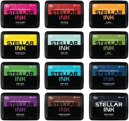 Simon Hurley Stellar Dye Ink (Foam Pads), Bundle of 12 Colors, 12 Reinkers, Released May 2025, 12 Carnora Mini Blending Brushes, 36 Item Bundle in Saudi Arabia