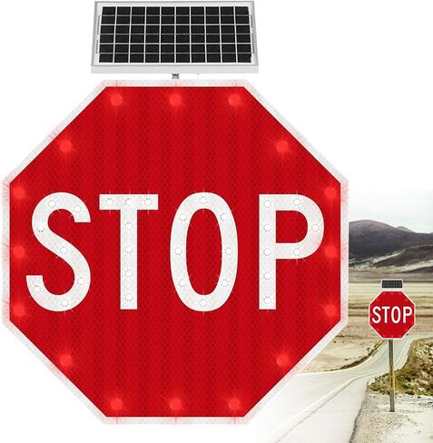 24/32 "توقف الطاقة الشمسية لافتات حركة المرور وميض لعلامات مرور LED LED مضاءة ، إطار معدني شاق ، مقاوم للصدأ ، IP65 مقاوم للماء 60 سم (24in) in Saudi Arabia