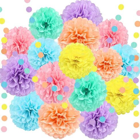 KAXIXI Macaron Colored Tissue Paper Pom Poms, Pastel Paper Pom Poms Circle Garland for Easter Party, Ice Cream Party Decorations, Wedding, Birthday, Bridal Shower, Bachelorette, Baby Shower, 16PCS in Kuwait