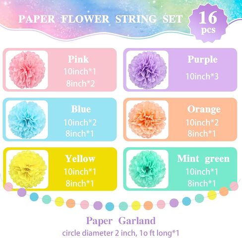 KAXIXI Macaron Colored Tissue Paper Pom Poms, Pastel Paper Pom Poms Circle Garland for Easter Party, Ice Cream Party Decorations, Wedding, Birthday, Bridal Shower, Bachelorette, Baby Shower, 16PCS in Kuwait