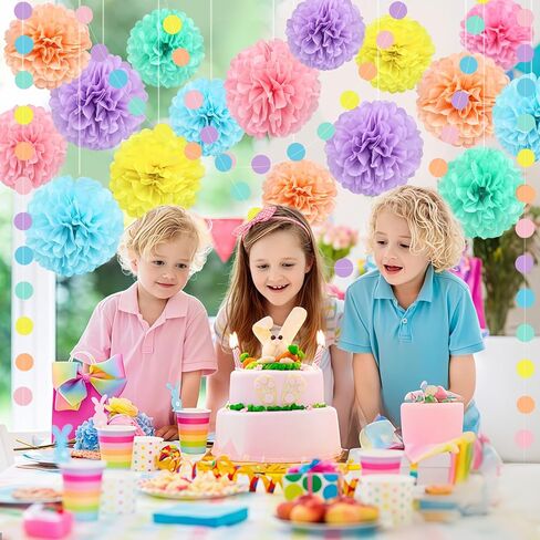 KAXIXI Macaron Colored Tissue Paper Pom Poms, Pastel Paper Pom Poms Circle Garland for Easter Party, Ice Cream Party Decorations, Wedding, Birthday, Bridal Shower, Bachelorette, Baby Shower, 16PCS in Kuwait