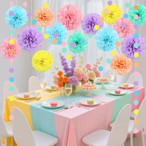 KAXIXI Macaron Colored Tissue Paper Pom Poms, Pastel Paper Pom Poms Circle Garland for Easter Party, Ice Cream Party Decorations, Wedding, Birthday, Bridal Shower, Bachelorette, Baby Shower, 16PCS in Kuwait