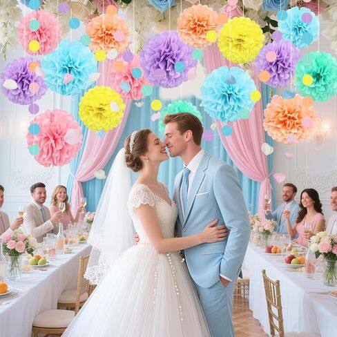 KAXIXI Macaron Colored Tissue Paper Pom Poms, Pastel Paper Pom Poms Circle Garland for Easter Party, Ice Cream Party Decorations, Wedding, Birthday, Bridal Shower, Bachelorette, Baby Shower, 16PCS in Kuwait