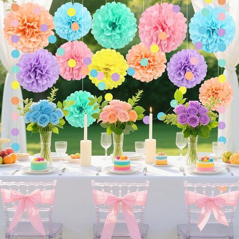 KAXIXI Macaron Colored Tissue Paper Pom Poms, Pastel Paper Pom Poms Circle Garland for Easter Party, Ice Cream Party Decorations, Wedding, Birthday, Bridal Shower, Bachelorette, Baby Shower, 16PCS in Kuwait